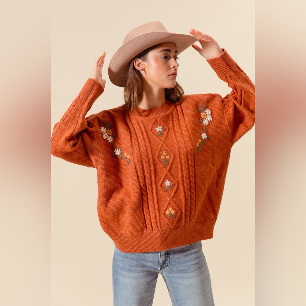 SO ME Embroidered Flower Cable Knitted Sweater
